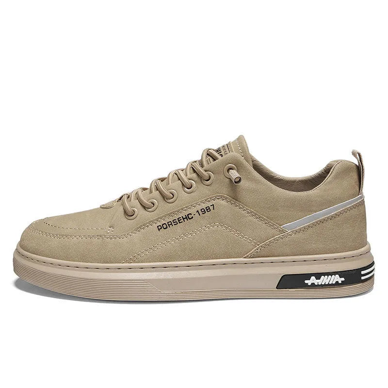 Men's khaki low-top casual work shoes with a round toe and non-slip rubber sole.