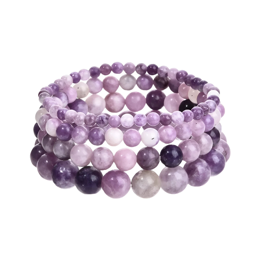 Purple natural stone elastic bead bracelet with geometric shapes in various sizes.