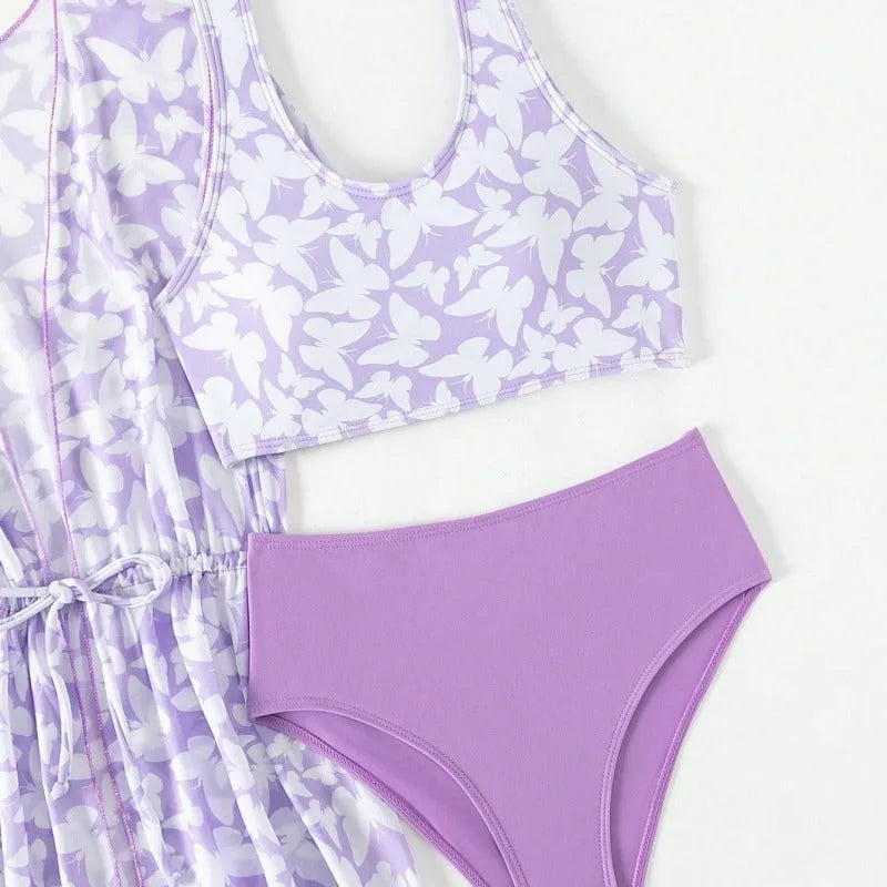 Girls' three piece print swimsuit set with coat, vest, and briefs in colour 3218
