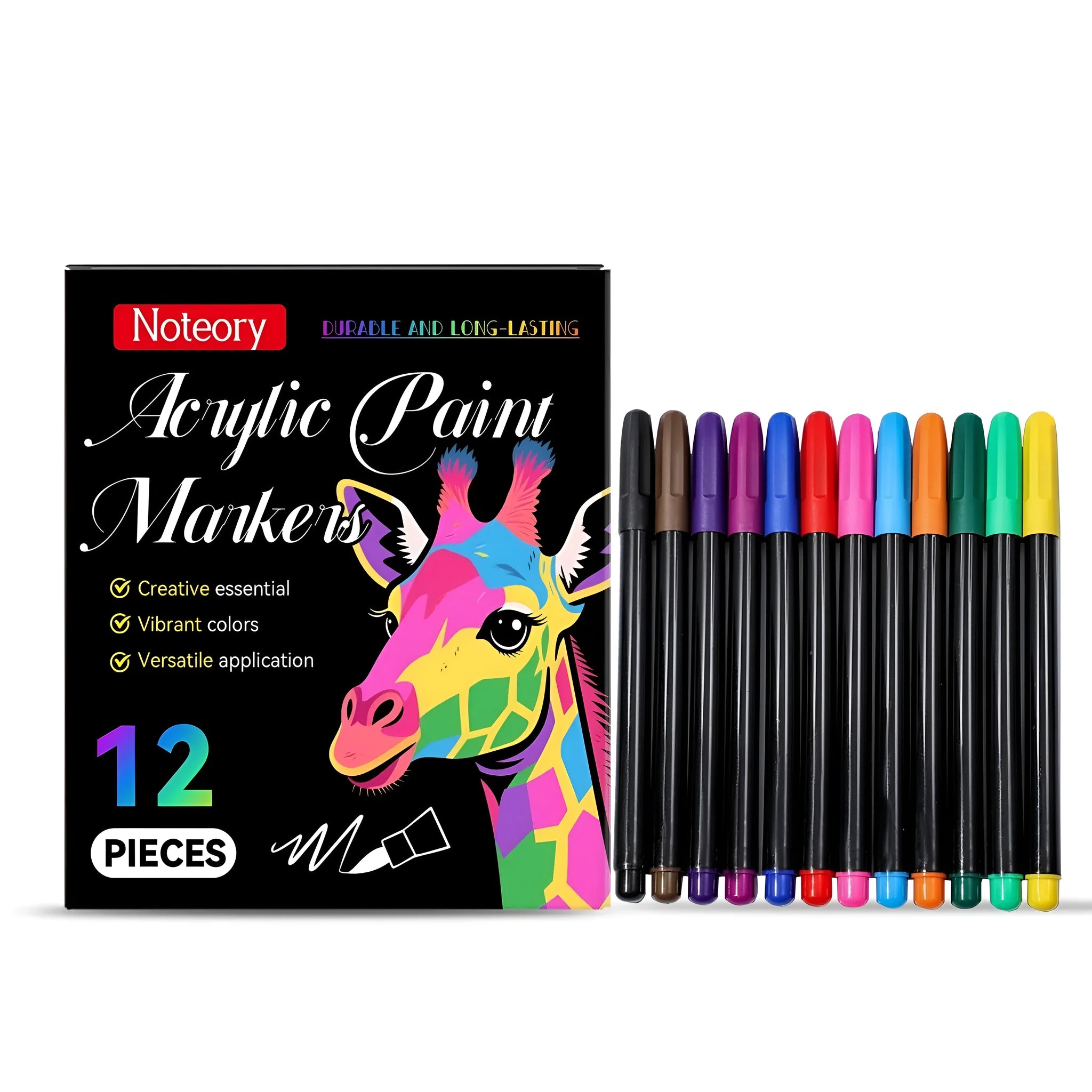 Pack of 12 acrylic paint markers for crafts on glass, wood, ceramic, and fabric.