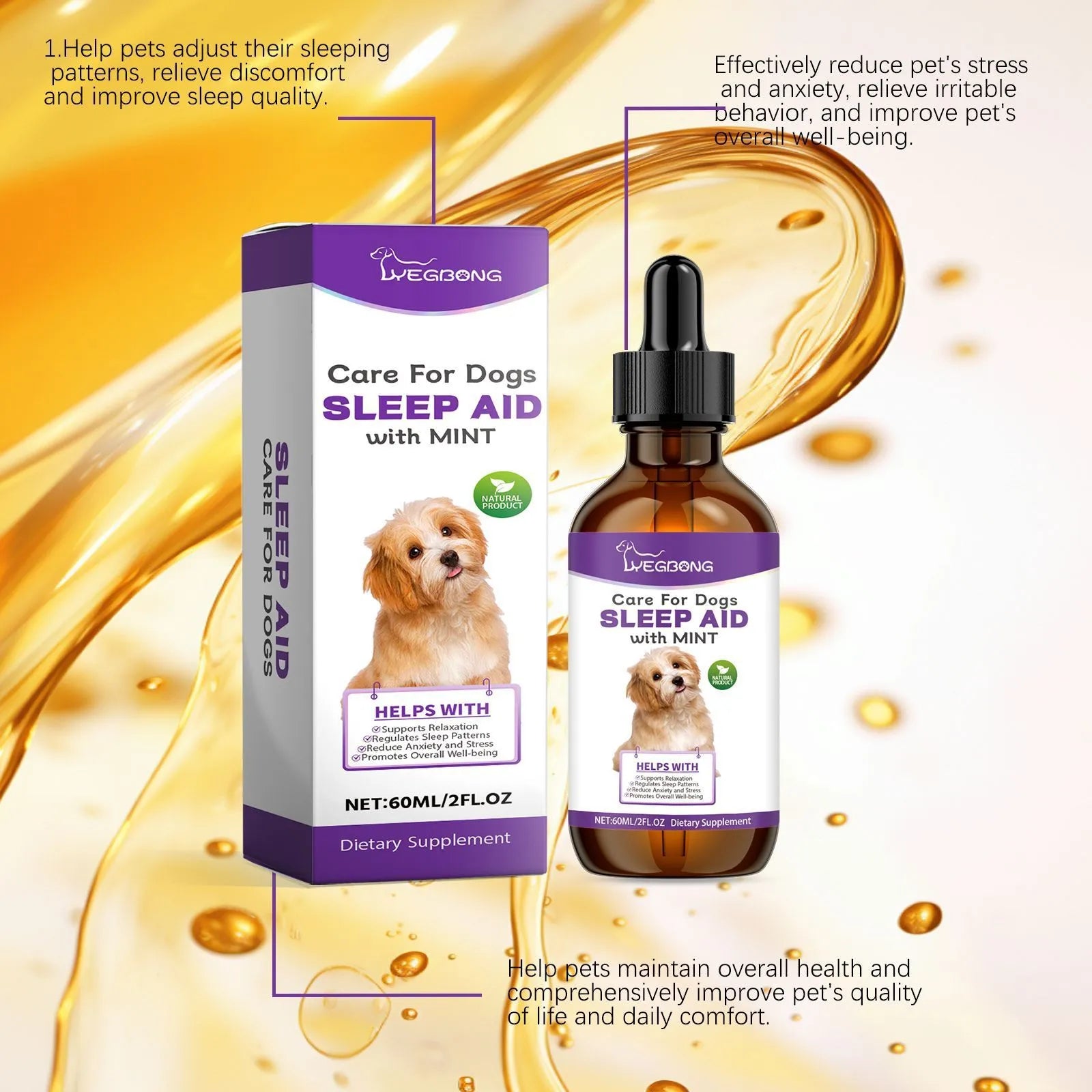 60ml dog sleep drops bottle measuring 3.3cm by 12cm with mint extract nursing supplement
