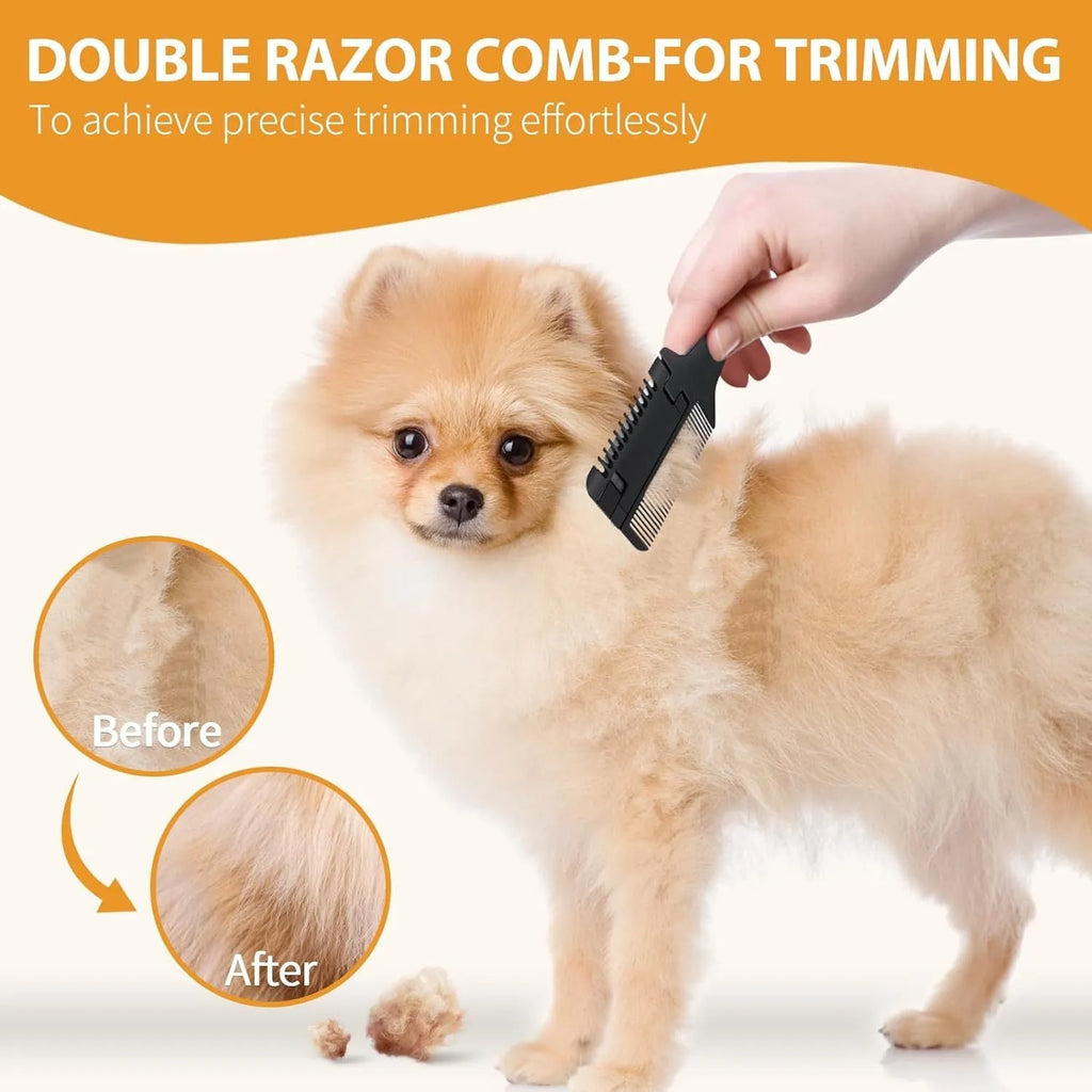 Dog grooming razor comb with detangling teeth and replaceable blades on a white background