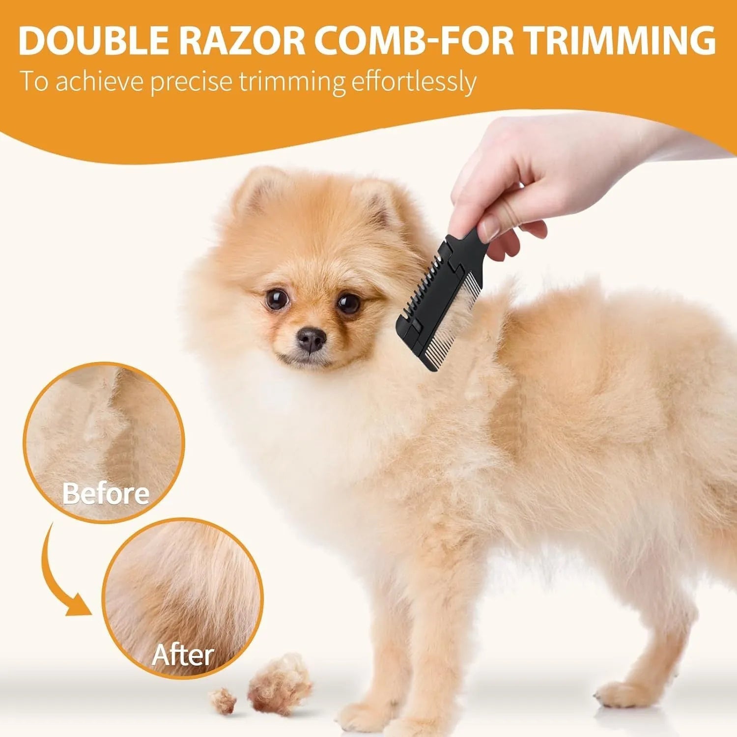 Dog grooming razor comb with detangling teeth and replaceable blades on a white background