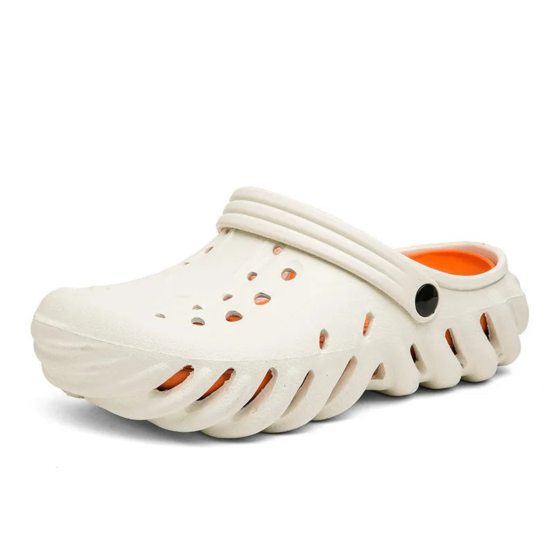 Men's beige EVA slipper sandals with ventilation holes and a non-slip rubber-like sole.
