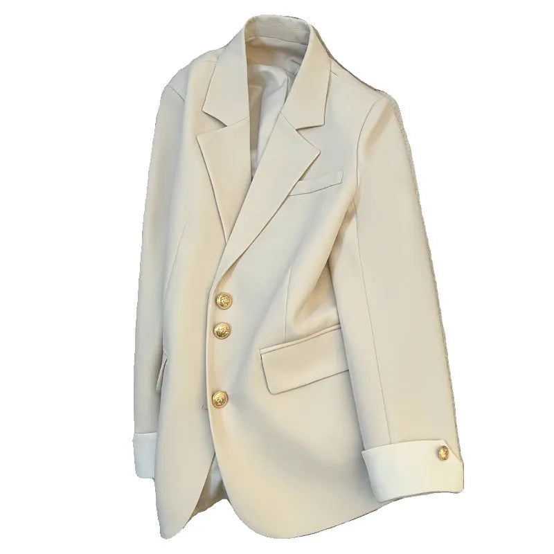 Korean style loose fit women's coat in milky white, showing long sleeves and pockets.