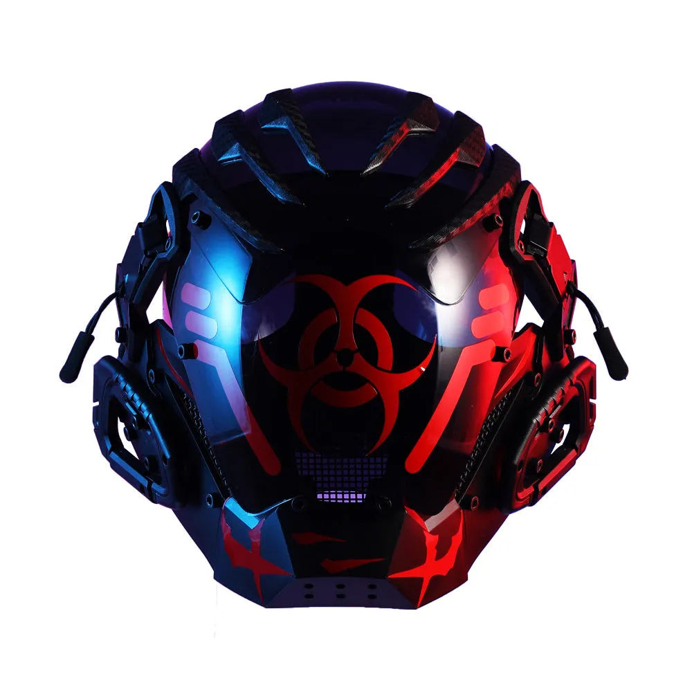Black full-face plastic prop mask with a cyberpunk bioweapon design on a mannequin head.