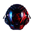 Black full-face plastic prop mask with a cyberpunk bioweapon design on a mannequin head.