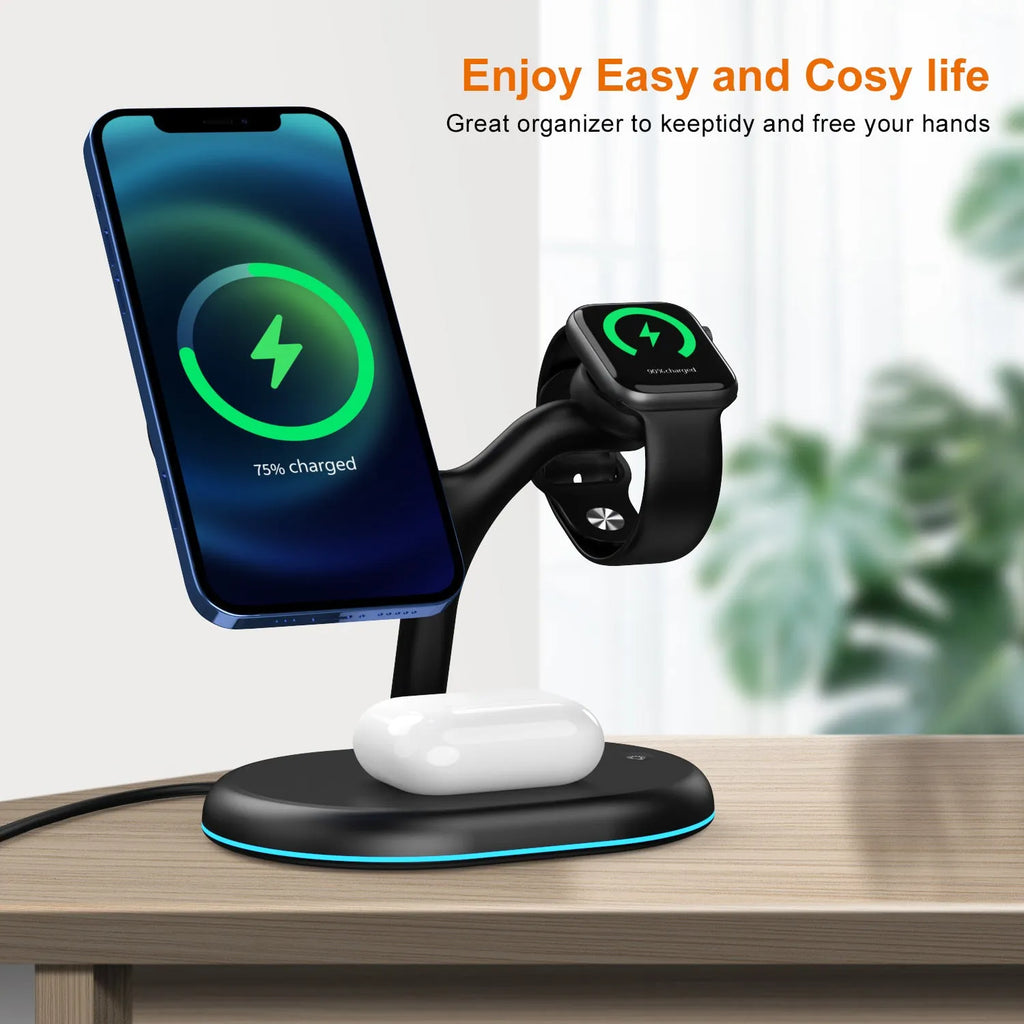 Black multifunctional magnetic wireless charger and power bank with stand function on a table.