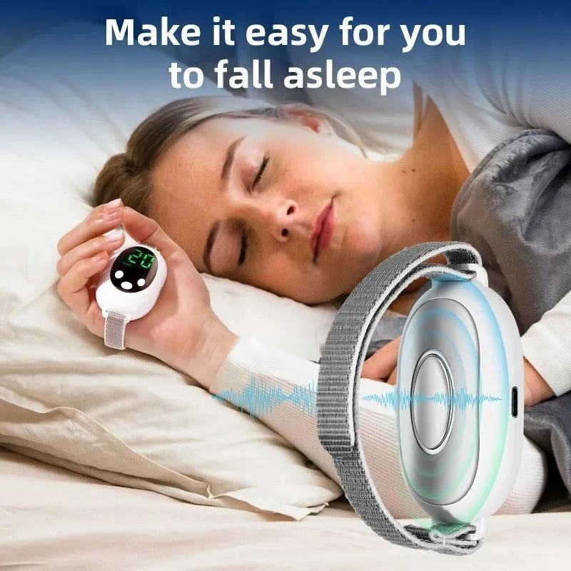 White sleep aid device with handheld remote control showing 20 intensity levels and USB charging cable