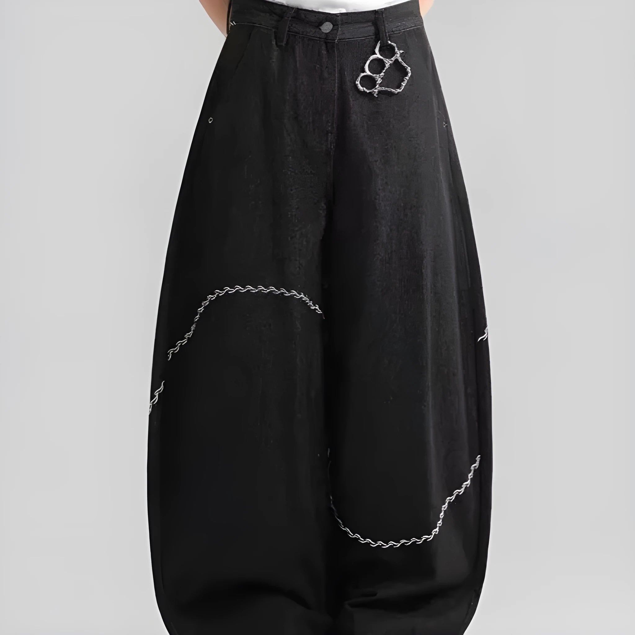 Black straight-leg trousers with zip fly placket and mid-waist design