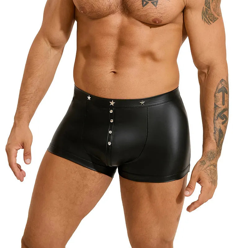 Black PU leather men's boxer shorts with a U-pouch design on a size chart.