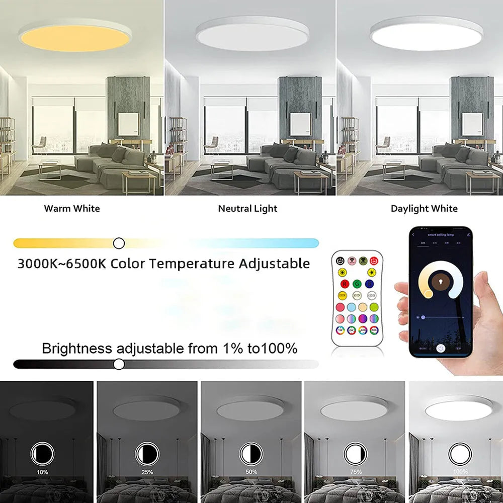 RGBCW Bluetooth ceiling lamp with colour mixing and dimming control in black or white finish