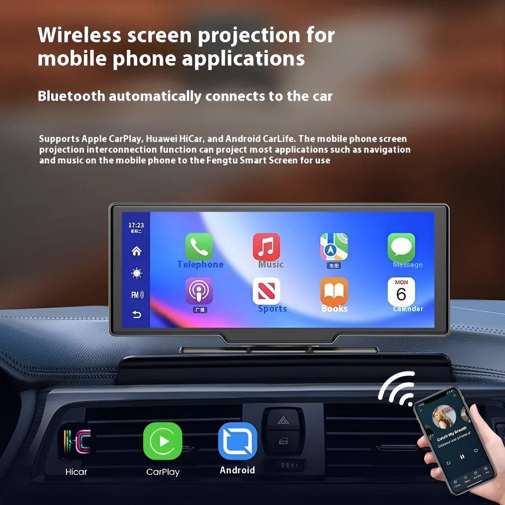10-inch car touch screen display showing navigation map and dash cam footage