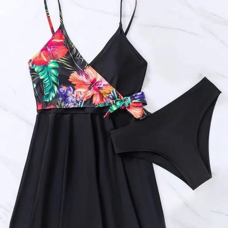 Black women's high waist briefs bikini swimwear set with printed split design