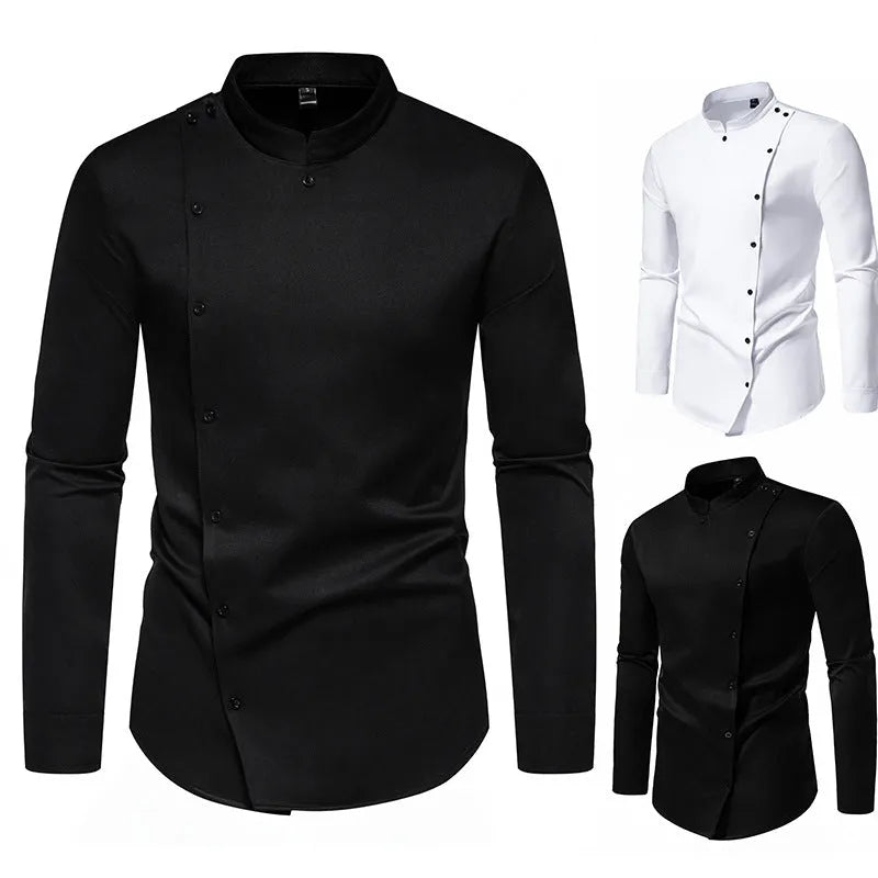 Men's long sleeve stand collar work shirt solid colour polyester blend loose fit black