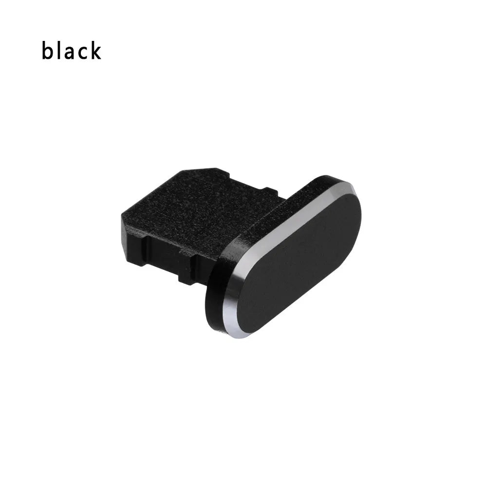 Aluminium alloy iPhone charging port dust plug shown in gold, silver, and rose gold colours.