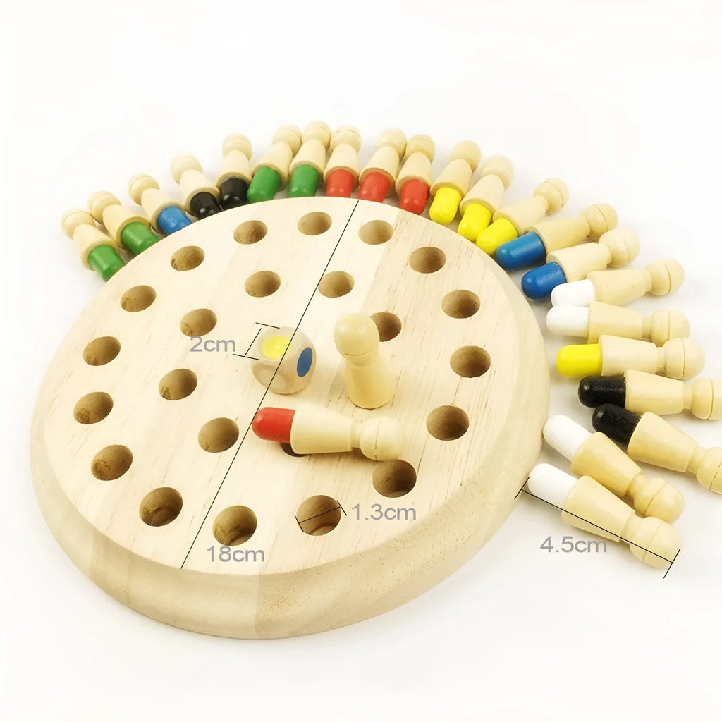 Montessori beech wood memory match stick chess game with green varnish on a checkerboard
