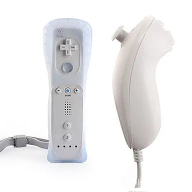 Wii left and right wireless gamepad controllers with rubber grip sleeve, hand rope, and infrared sensor.