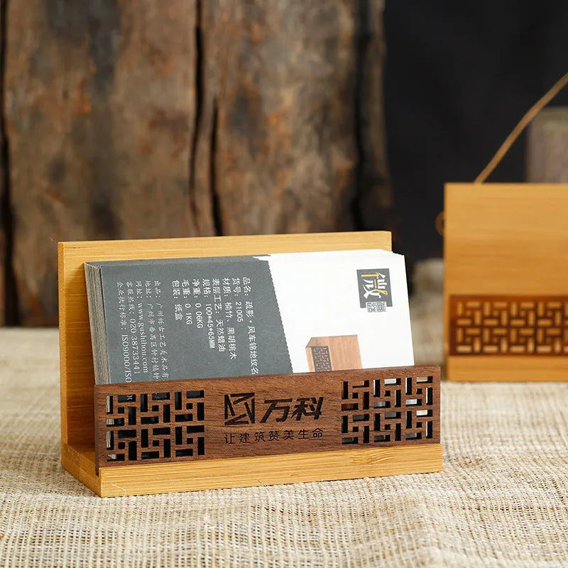 Geometric business card case in bamboo and black walnut wood with 80-card capacity