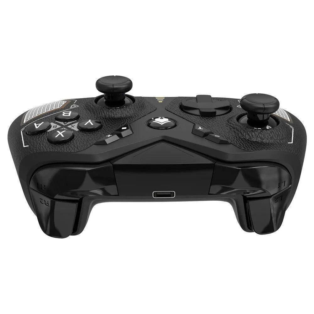 Black wireless game controller for Nintendo with type-c port and leather pattern texture.