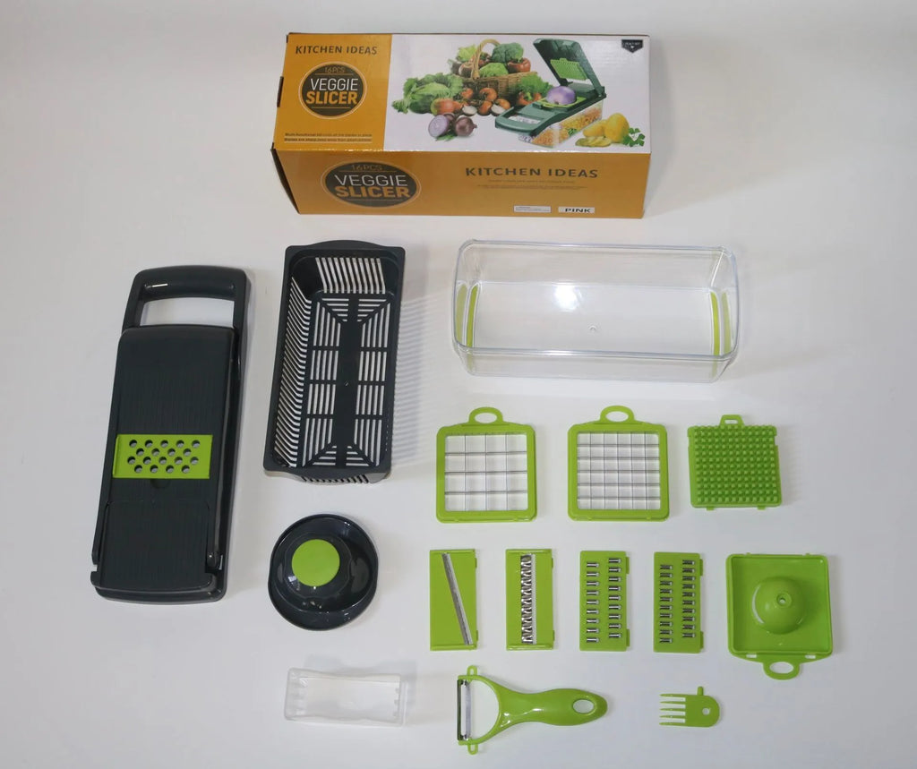 Gray stainless steel vegetable cutter with 8 blades, garlic grinder, hand guard, shaving knife, and egg white separator