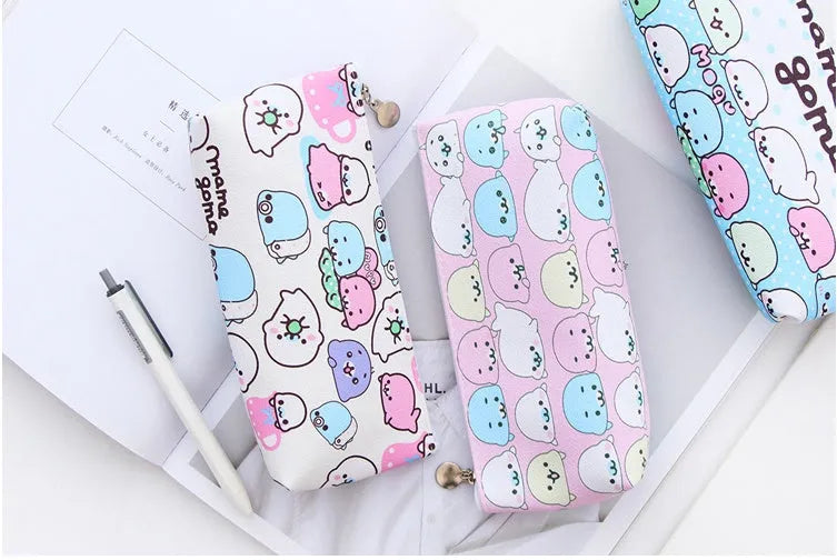 Triangle-shaped PU leather stationery bag with cartoon patterns in blue colour