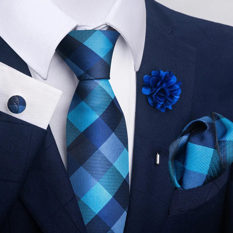 Men's floral embroidery tie and pocket square set in polyester yarn with jacquard weave, 147cm length