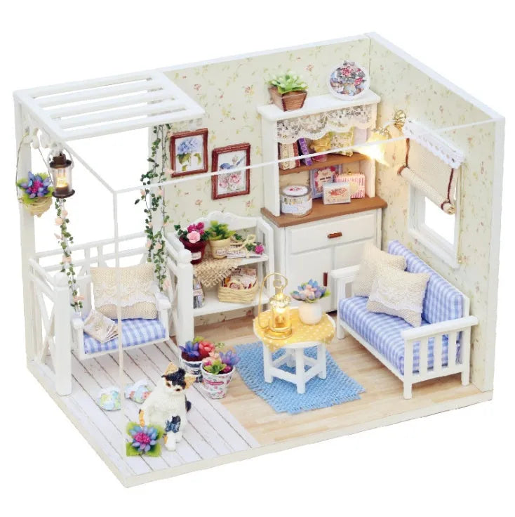 Miniature doll house DIY craft kit with style A on display showing assembled wooden and fabric details