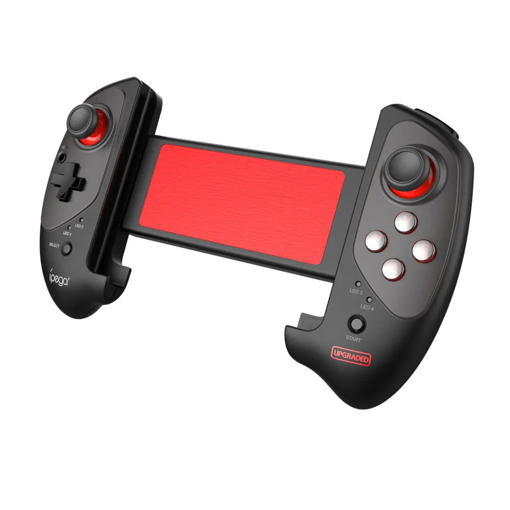 Red telescopic gamepad with adjustable arms for mobile phones and USB/Bluetooth connectivity