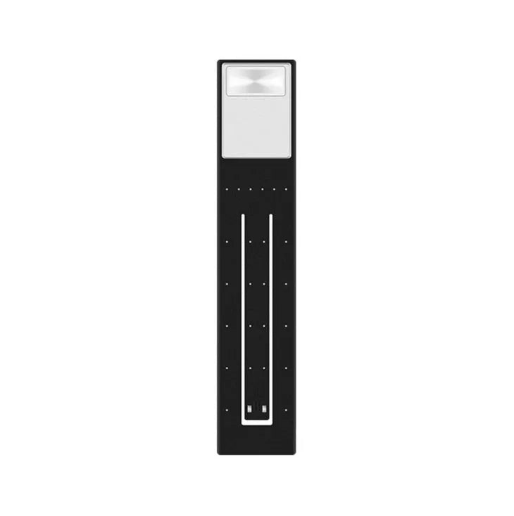 Black folding USB rechargeable LED reading light showing adjustable brightness settings