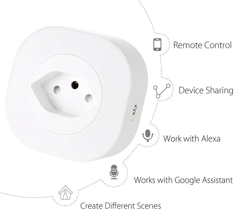 White smart socket plug with WIFI and voice control, showing EU plug pins.