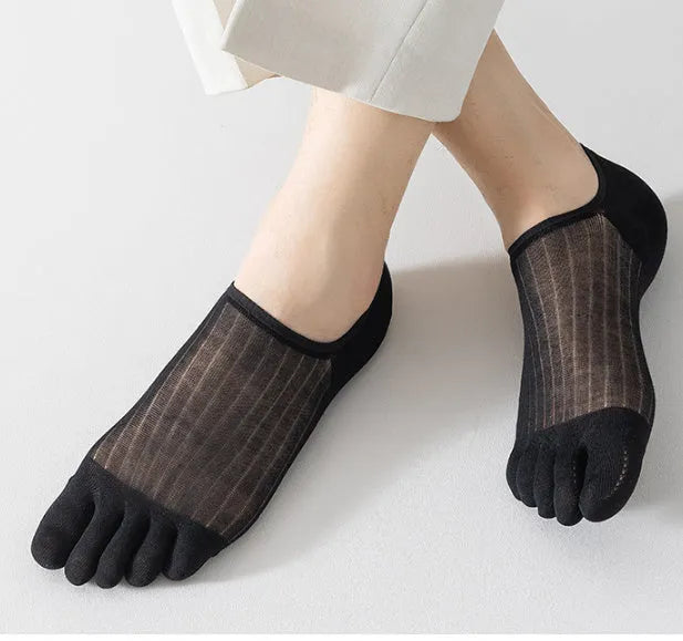 Modal cotton five-finger ultra-thin boat socks in black, white, khaki, light grey, and dark grey