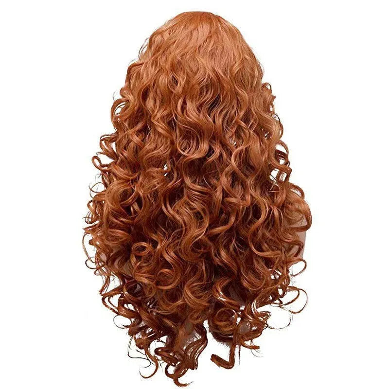 Long brown curly wig with instant noodles style texture for cosplay and Halloween.