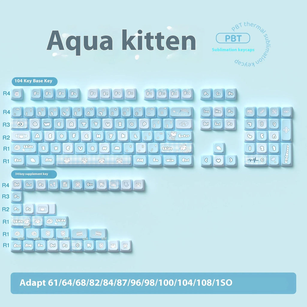 Watercolour kitten design custom keycaps for mechanical keyboards, PTB material, 138-key and 158-key set options.