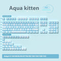 Watercolour kitten design custom keycaps for mechanical keyboards, PTB material, 138-key and 158-key set options.