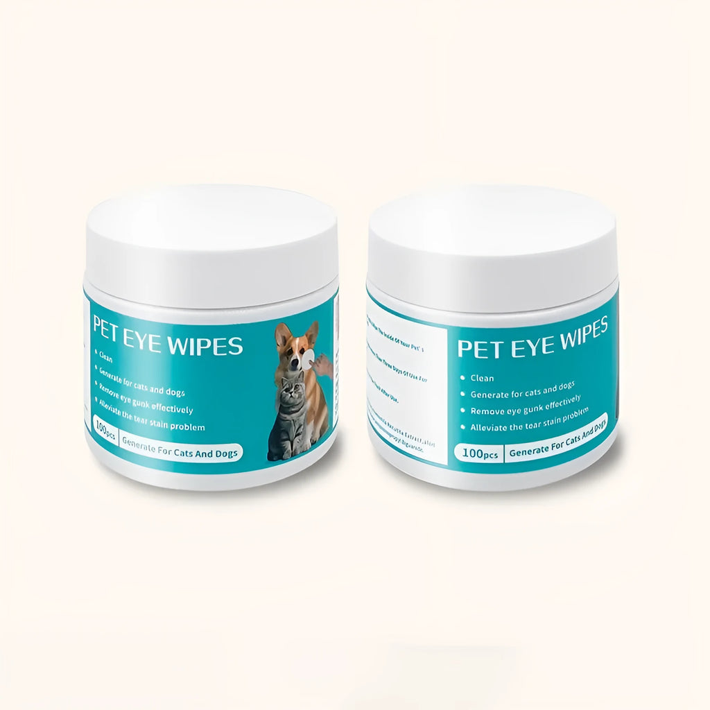 Canister of 100 disposable pet eye cleaning wipes with Aloe Vera and Chamomile extracts.