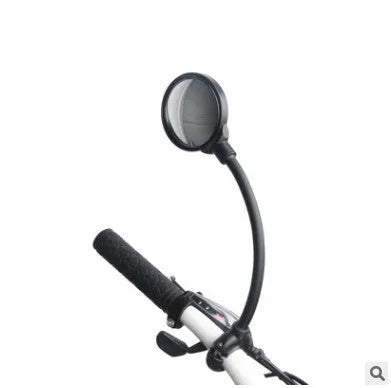 Black bicycle rearview mirror with hose adjustment mechanism mounted on handlebars