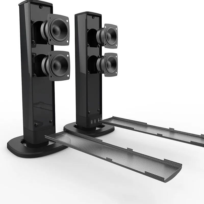 Black foldable split TV Bluetooth speaker with dual speakers showing 490mm length plastic construction
