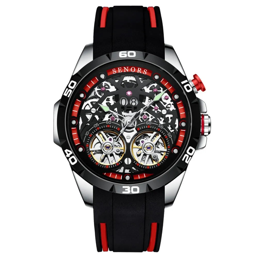 Automatic mechanical men's watch with luminous skeleton dial in blue colour option.