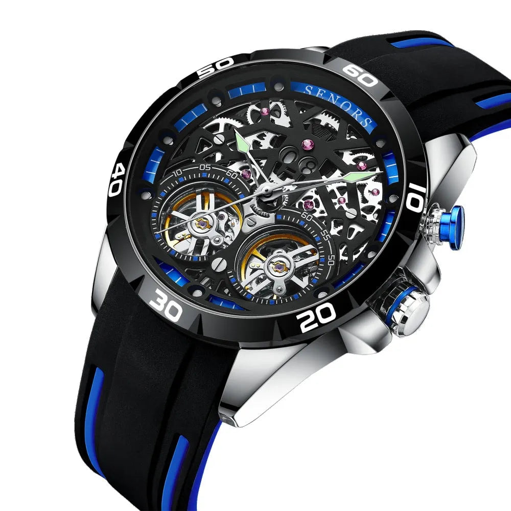 Automatic mechanical men's watch with luminous skeleton dial in blue colour option.
