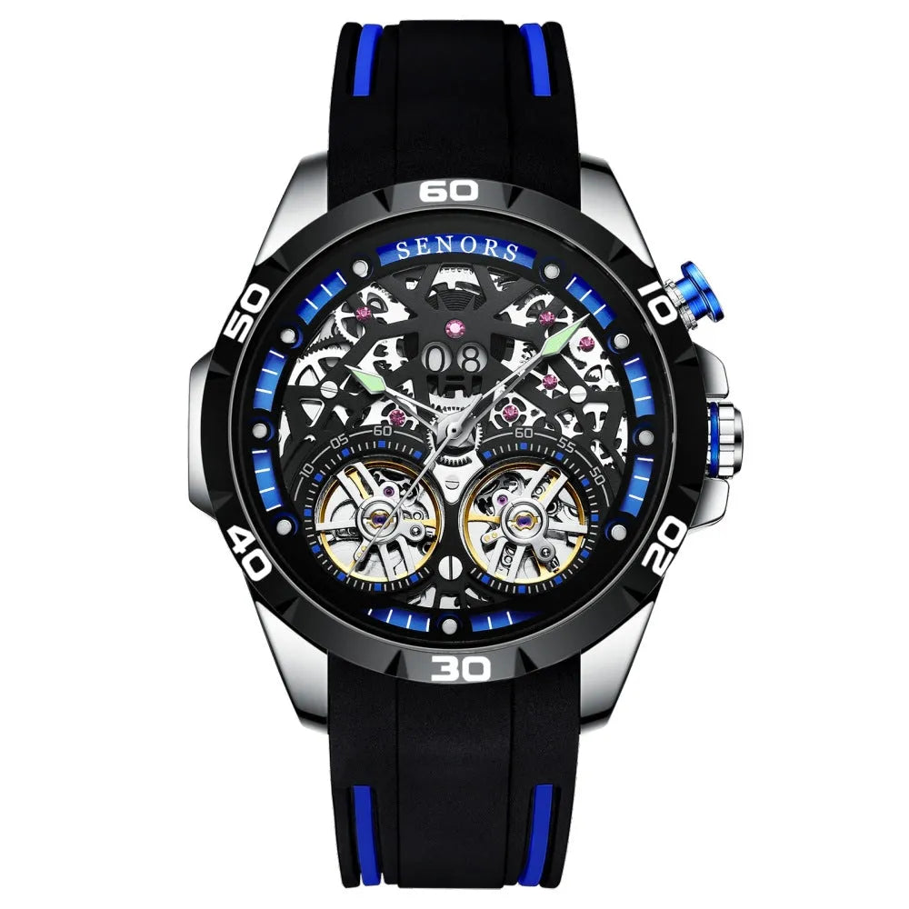 Automatic mechanical men's watch with luminous skeleton dial in blue colour option.
