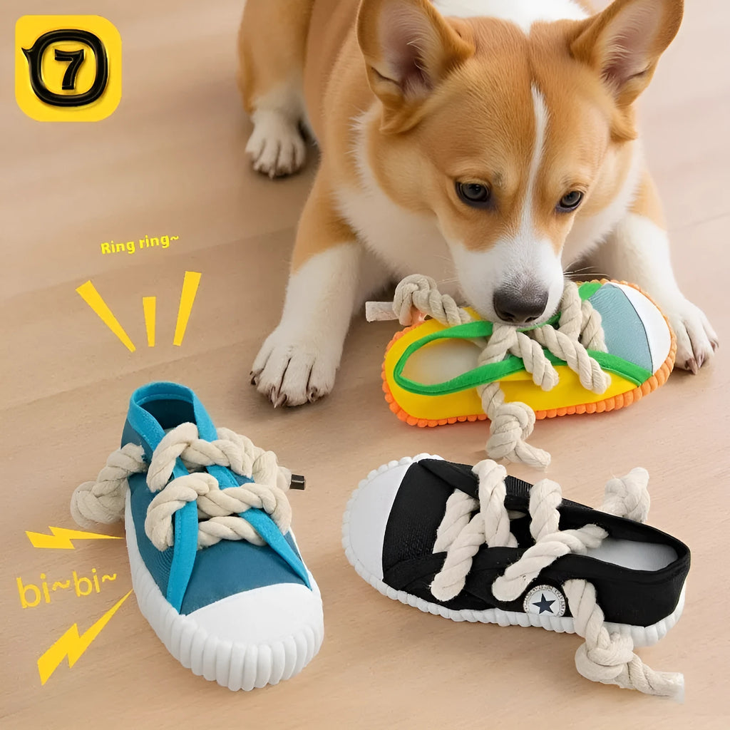 Colour options for a plastic sound slippers dog toy: rock yellow, black, and sea fog blue.