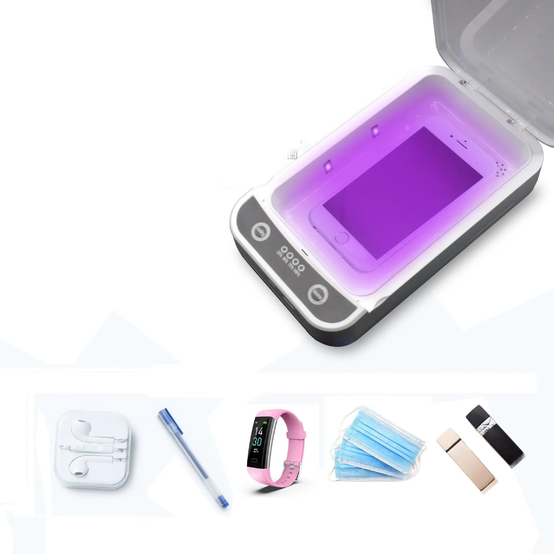 White UV disinfection box open showing internal compartment with UV lights, mobile phone inside