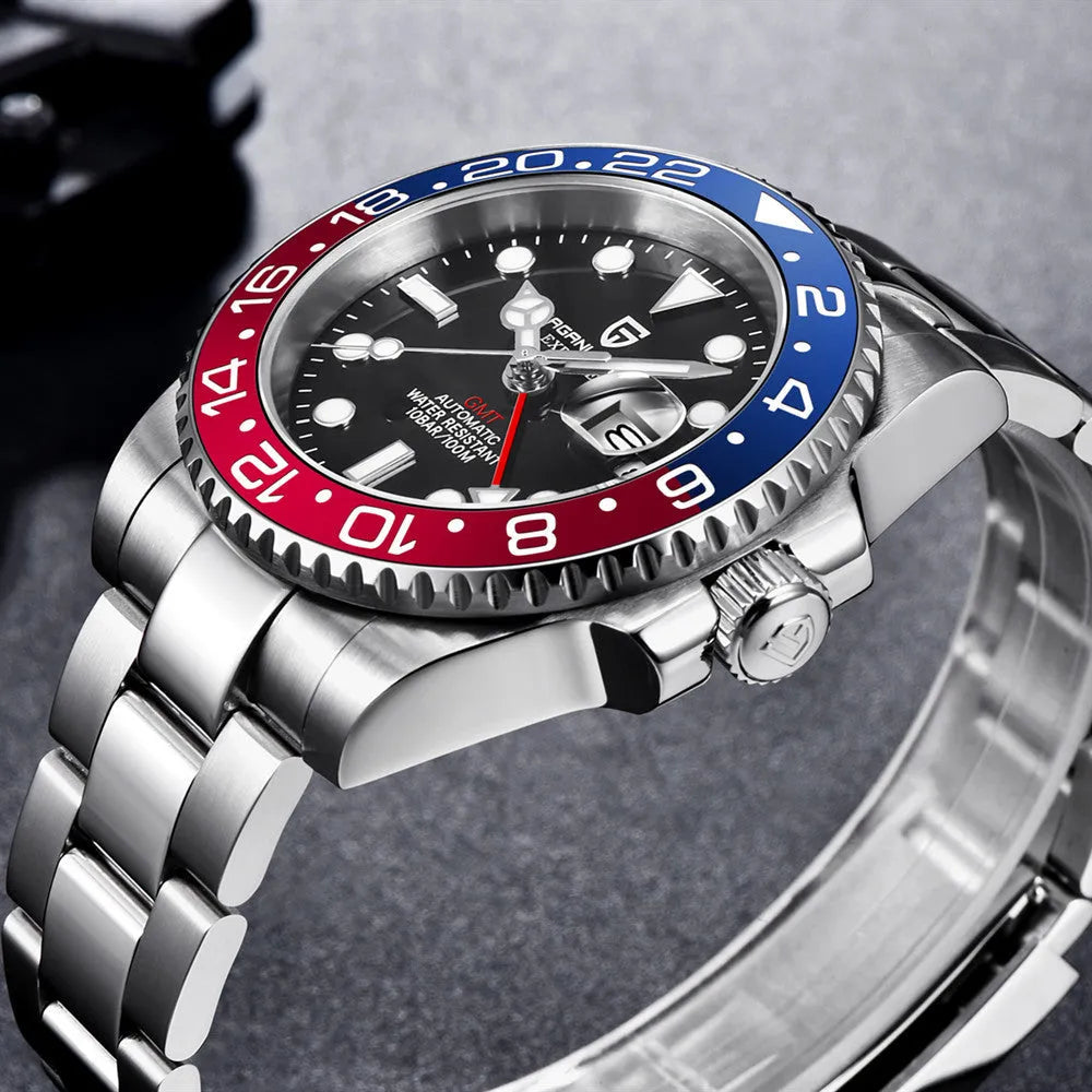 Men's calendar luminous GMT watch with stainless steel bracelet and black dial