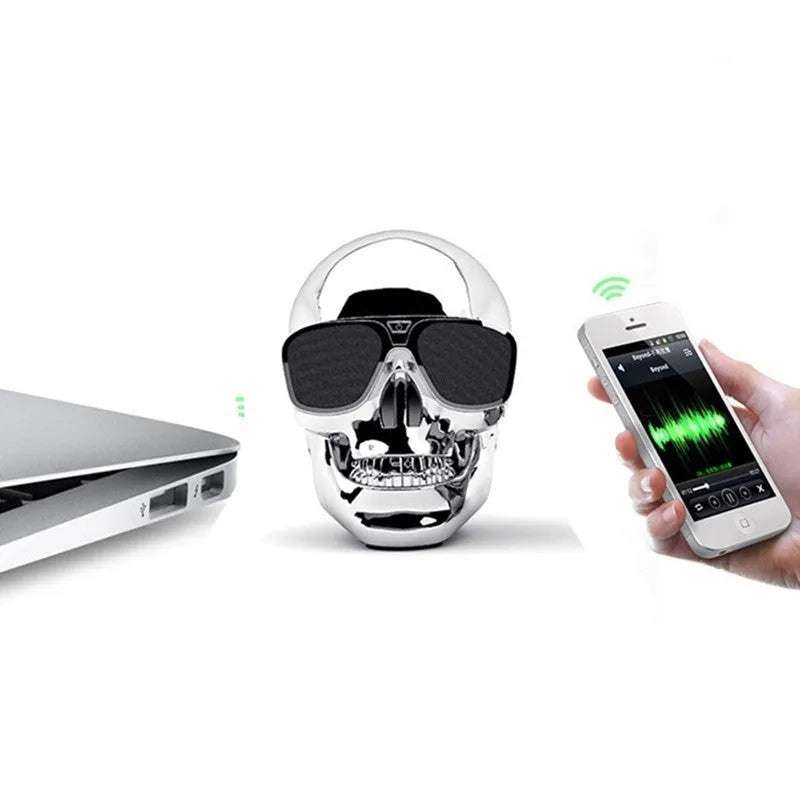 Skull-shaped wireless Bluetooth speaker showing front design with speaker grille