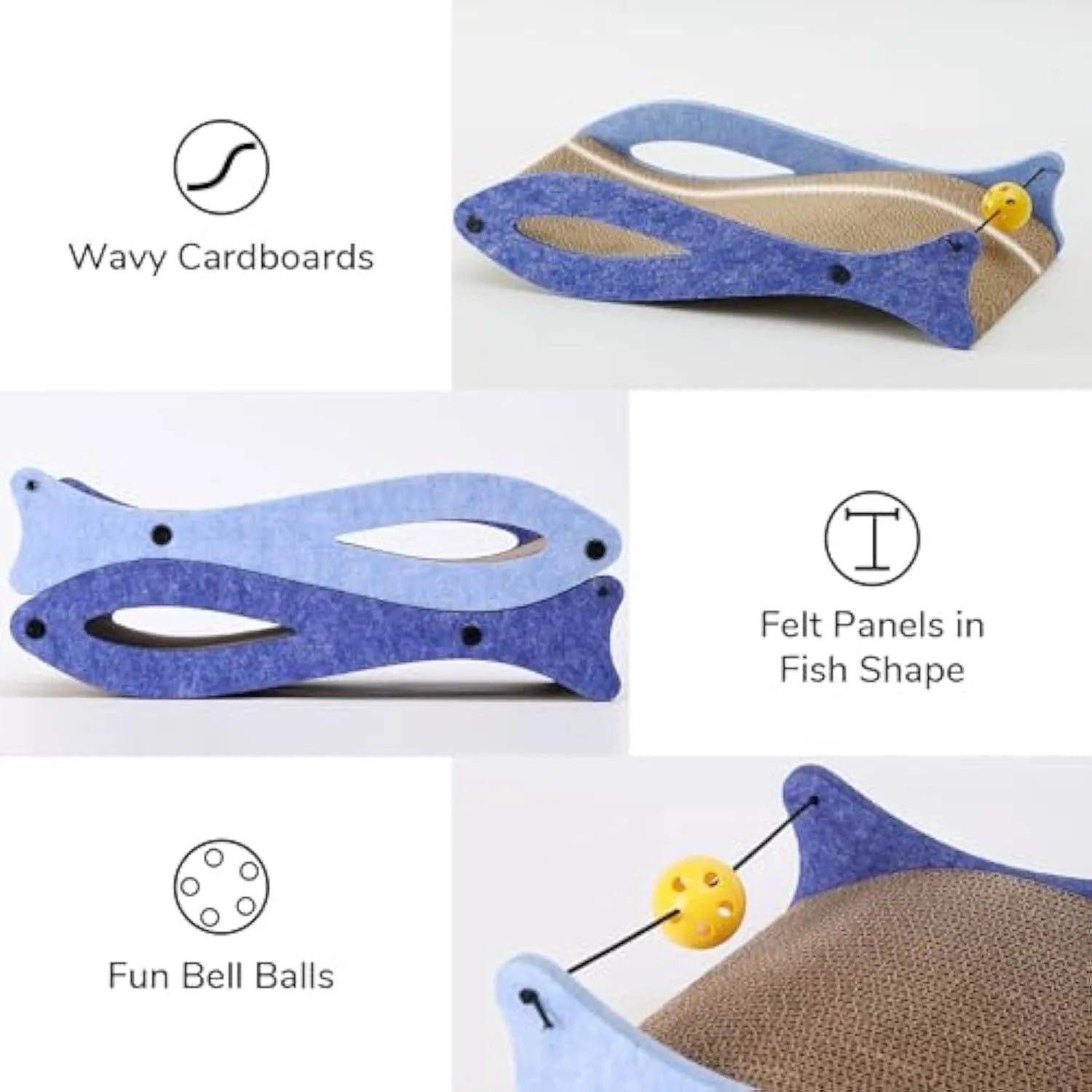 Blue fish-shaped cardboard cat scratcher lounge with a dangling bell ball toy for indoor cats.