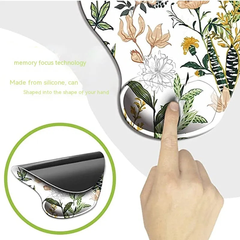 Black silicone keyboard pad with wrist strap showing floral pattern, dimensions 228×192×16mm