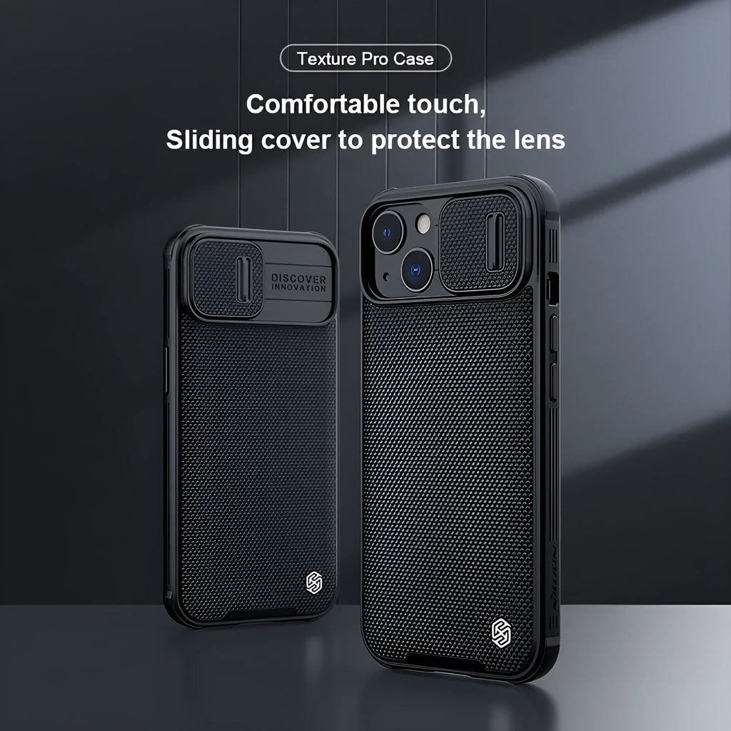 Black textured UniPro series sliding back cover case for Apple iPhone 13 Pro Max on a table.