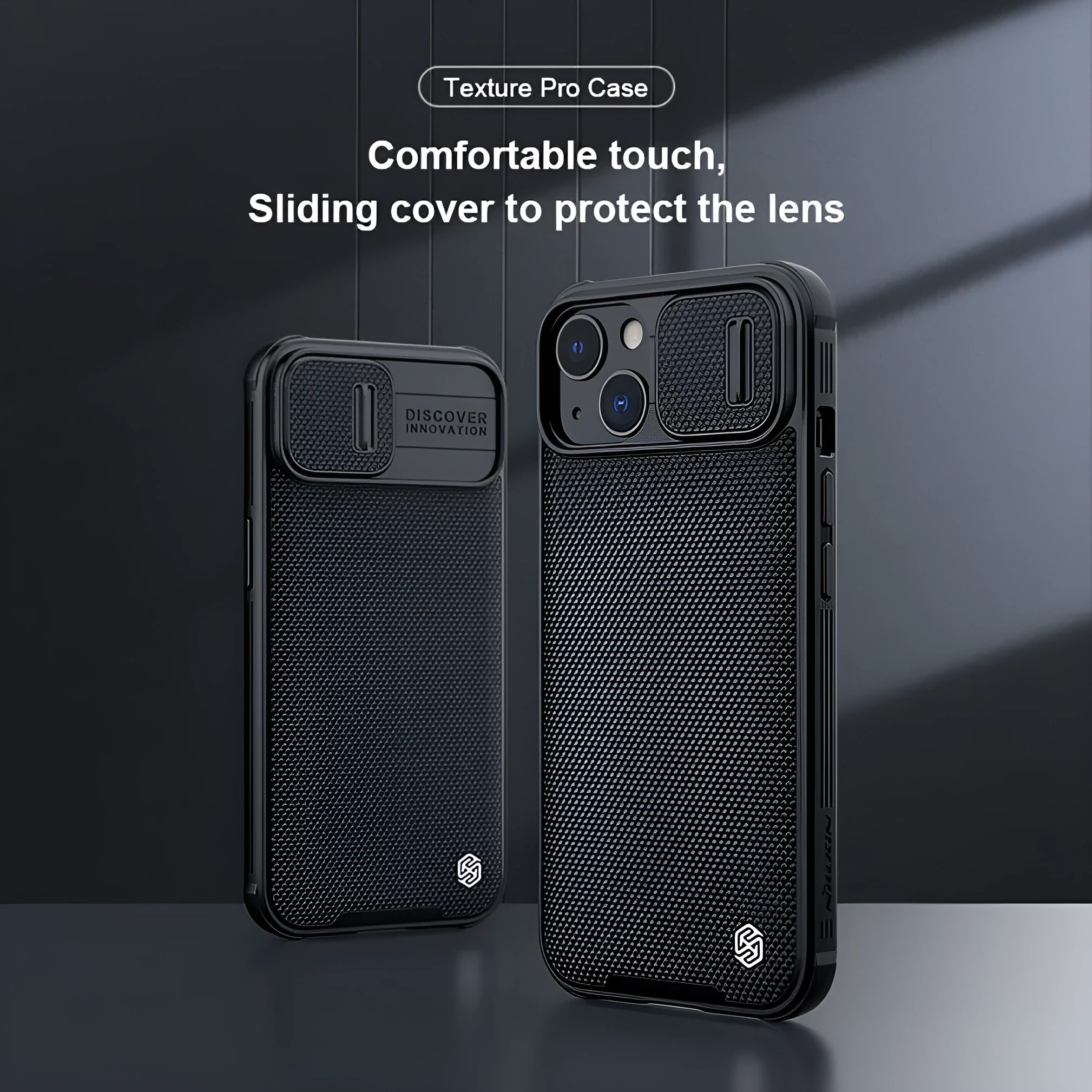 Black textured UniPro series sliding back cover case for Apple iPhone 13 Pro Max on a table.