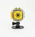 Yellow children's waterproof sports camera showing front with lens and 1.77-inch LCD screen